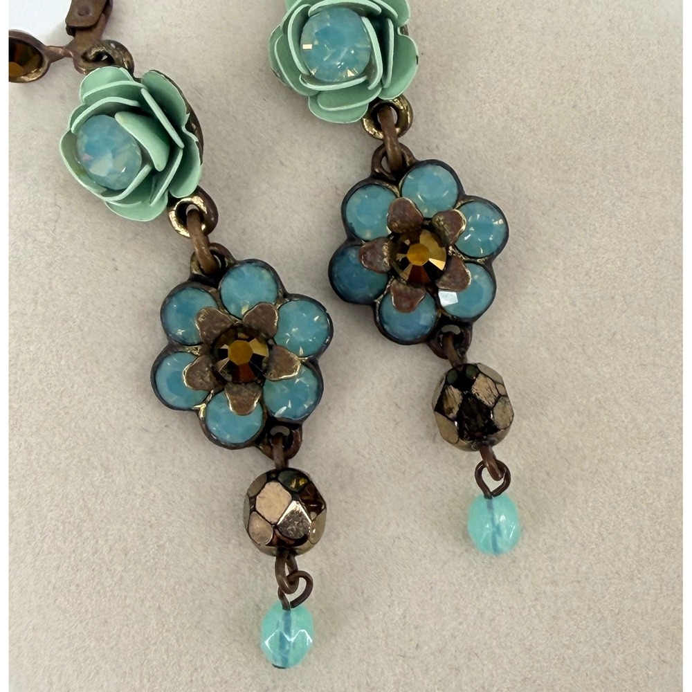Michal Negrin Rose Floral Drop Earrings Green Blue Crystal Brass Leverback - Picture 3 of 8